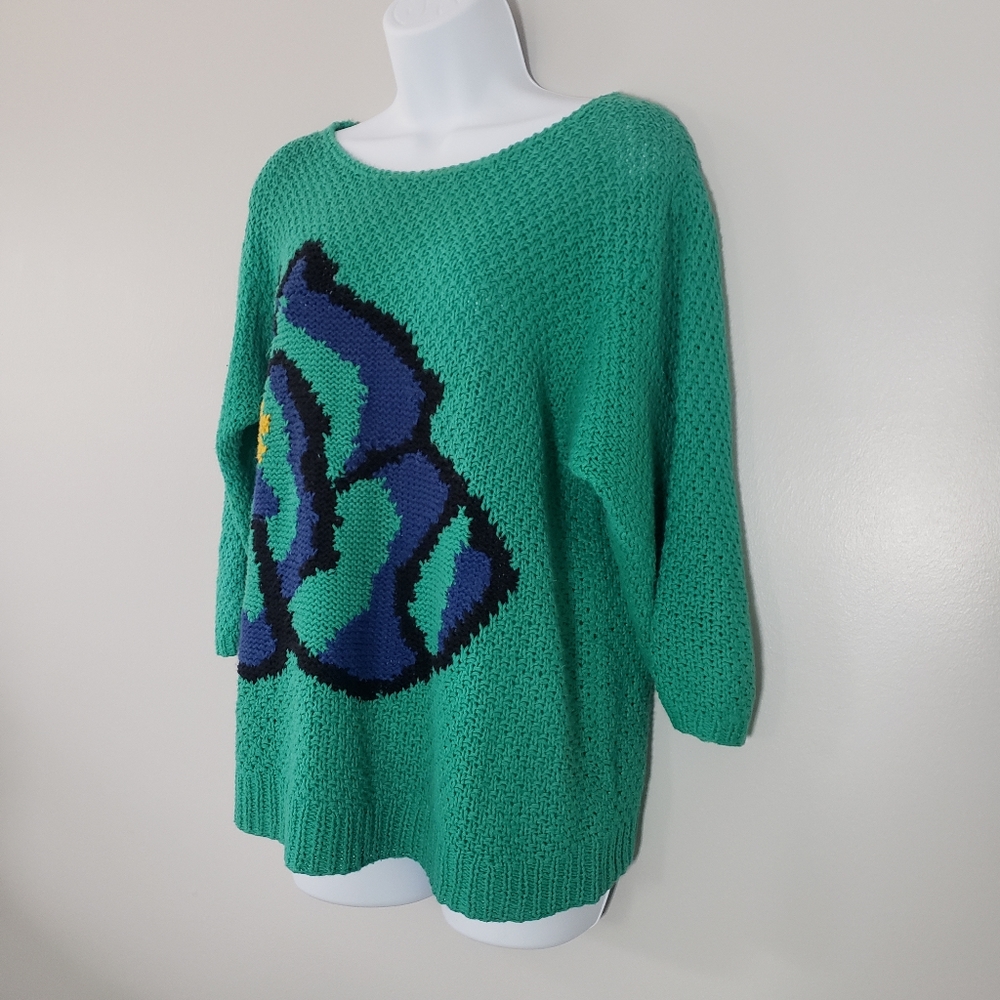Lloyd Williams VTG 80s Green Abstract Floral Chunky Knit Sweater - Picture 2 of 7